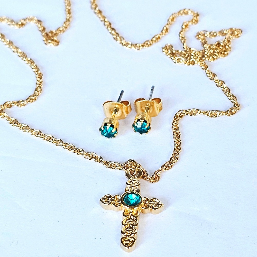 Vintage 1994 Avon Kids‎ Cross Necklace Earring Set Blue Zircon Birthstone Gold